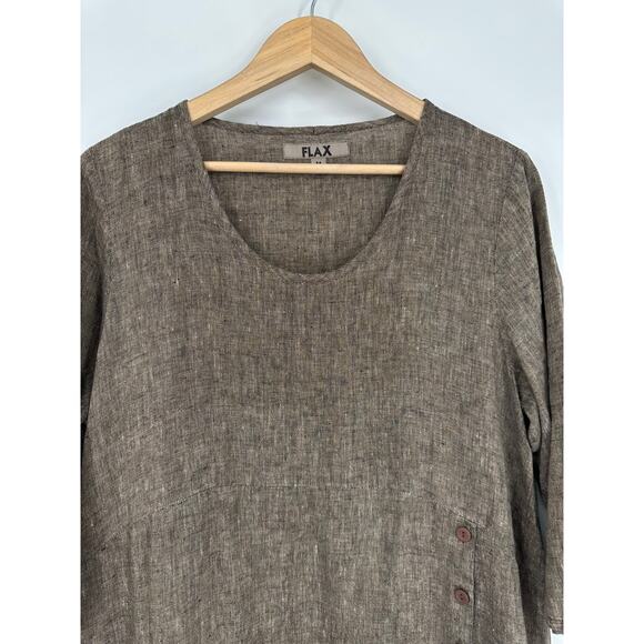 FLAX 100% Linen Market Tunic Top Scoop Neck 3/4 Sleeve Side Button Slit Blouse - Picture 4 of 13